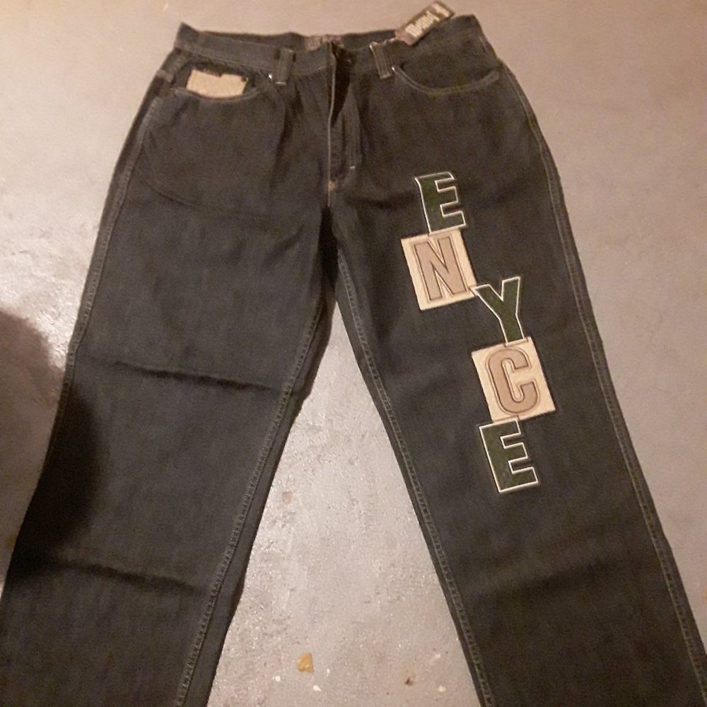 vintage enyce jeans with leather lettering new